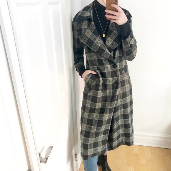 Vintage Black and Gray Plaid Trench Coat - Picture 2 of 8